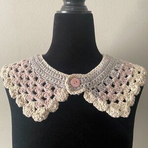 Handmade Crochet Muted Grey Pink Cream Cotton Acrylic Button Collar Accessory